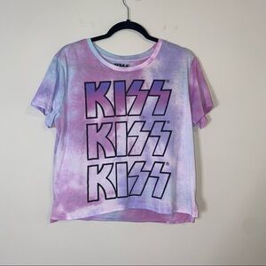 KISS Purple Pink Tie Dye Graphic Crop Short Sleeve Tee NWOT
